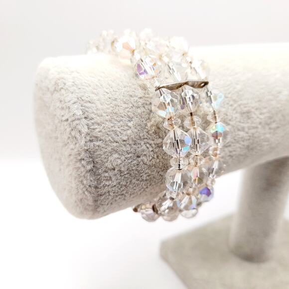Vintage 1950s Aurora Borealis Crystal Beaded Bracelet, 3-Row Memory Wire Jewelry - Picture 6 of 11